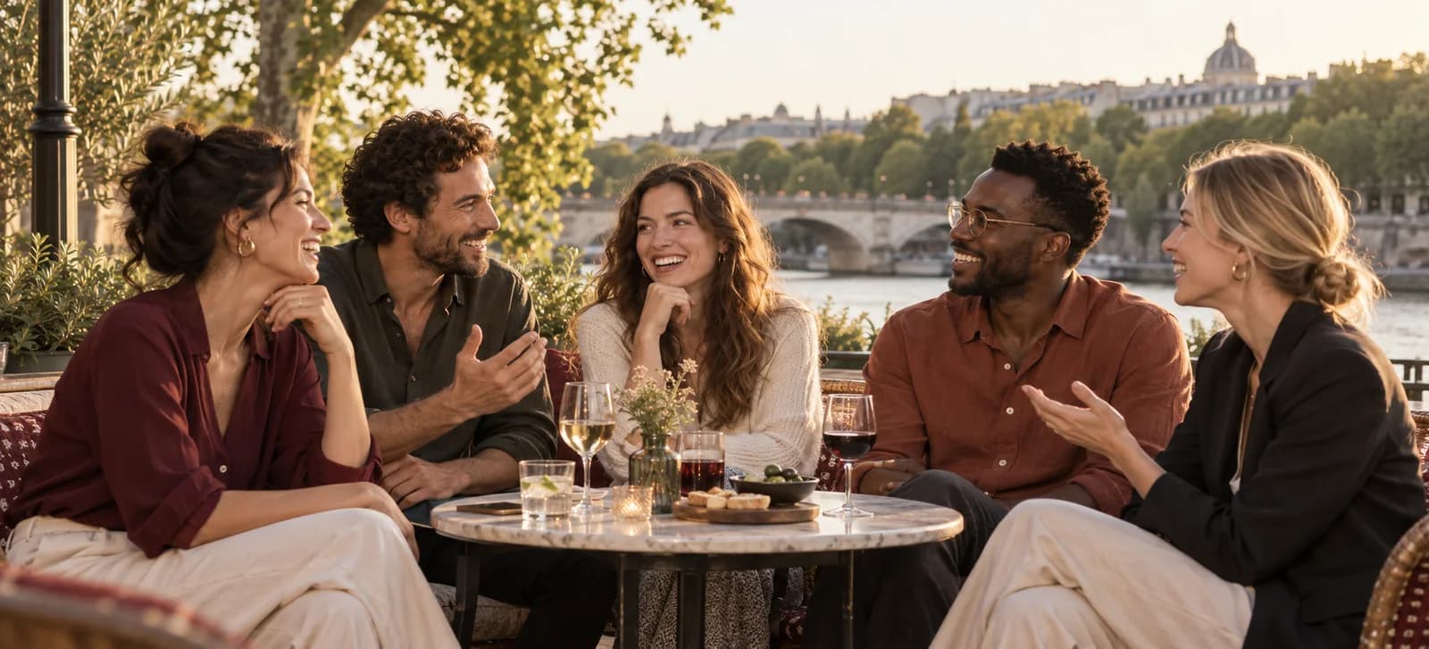 Five adults talking together at a riverside café